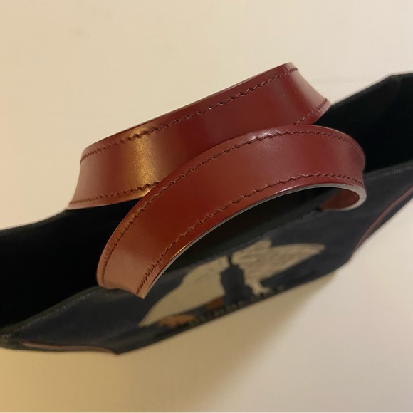 RARE Vintage Burberry Embroidered with Red Leather Trim Handbag Blue Denim Tote - Picture 13 of 16